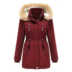 Thick Lamb Velvet Loose Ladies Cotton Jacket With Detachable Hood And Fleece Jacket - Wine Red - View 1