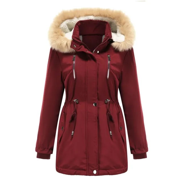 Thick Lamb Velvet Loose Ladies Cotton Jacket With Detachable Hood And Fleece Jacket Wine Red - Shop at LoveMi