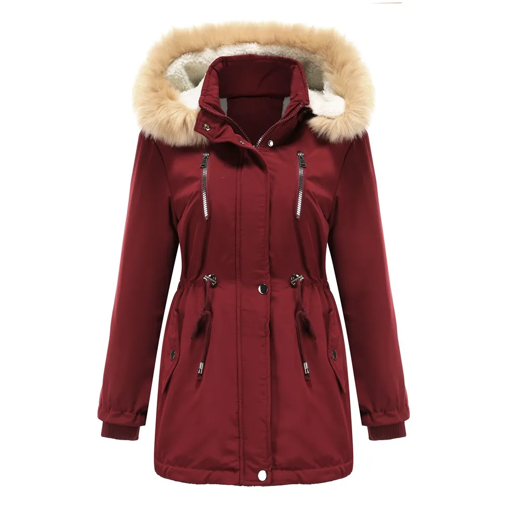 Thick Lamb Velvet Loose Ladies Cotton Jacket With Detachable Hood And Fleece Jacket - Wine Red