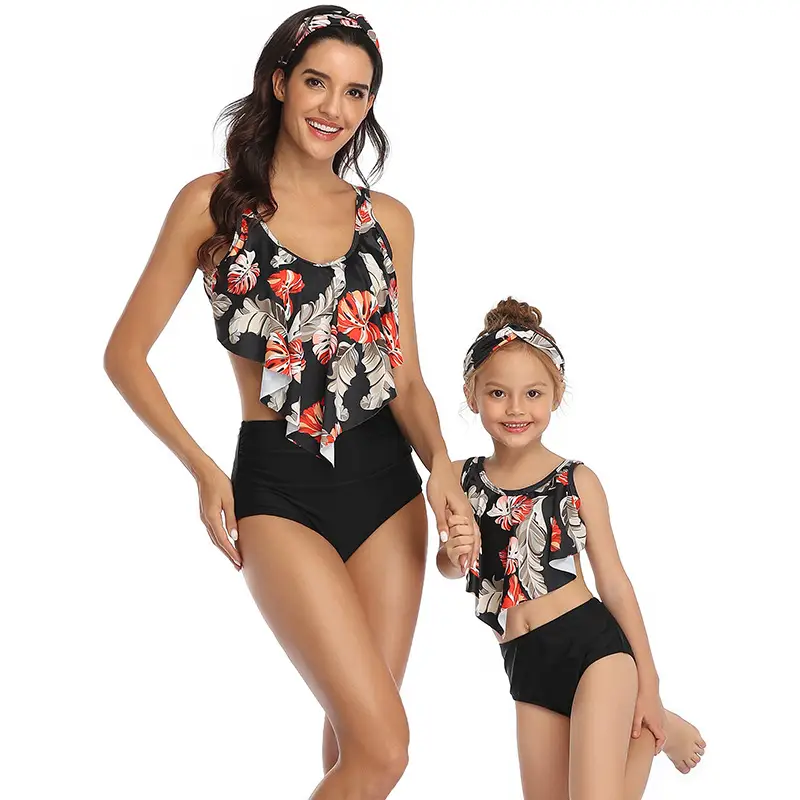 Split Swimsuit Female Printed High Waist Bikini With Ruffled Parent-child Swimwear
