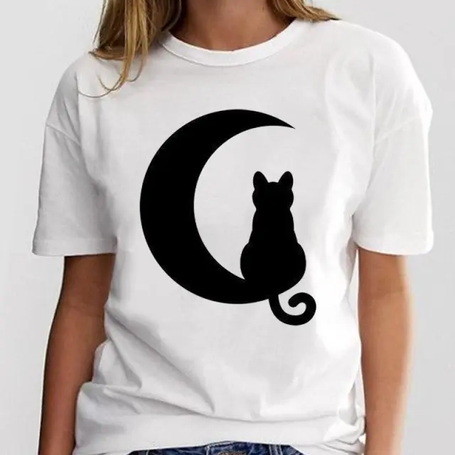 New Simple Cat Animal Cartoon Print Loose Round Neck Ladies White T Shirt Short Sleeve 8 Style - Shop at LoveMi
