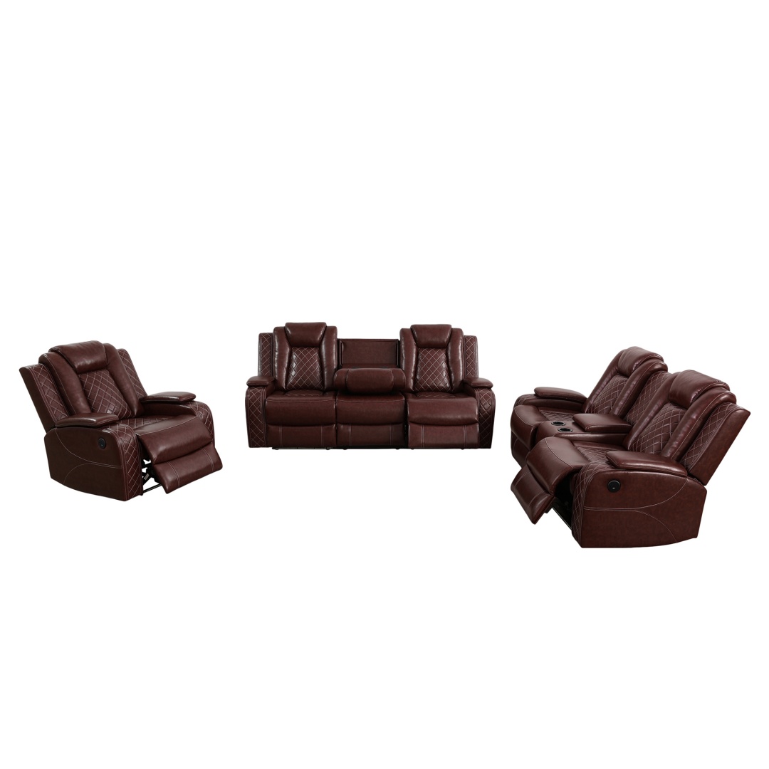 Pickup Only--Red Breathing Leather 3-Piece Living Room Recliner Sofa Set