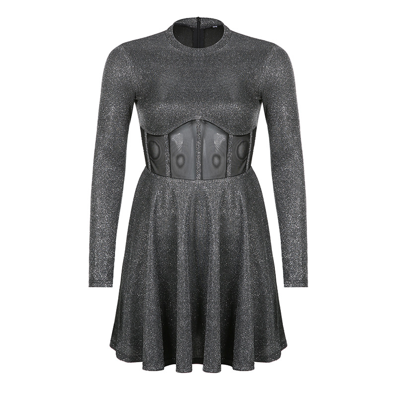 Round Neck Bright Silk Big Swing Dress Sexy Perspective Stitching Black - Shop at LoveMi