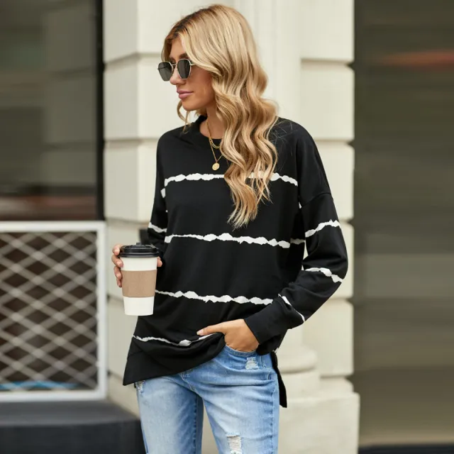 Women's Loose Long Sleeved Hoodless Striped Printed Sweater Black - Shop at LoveMi