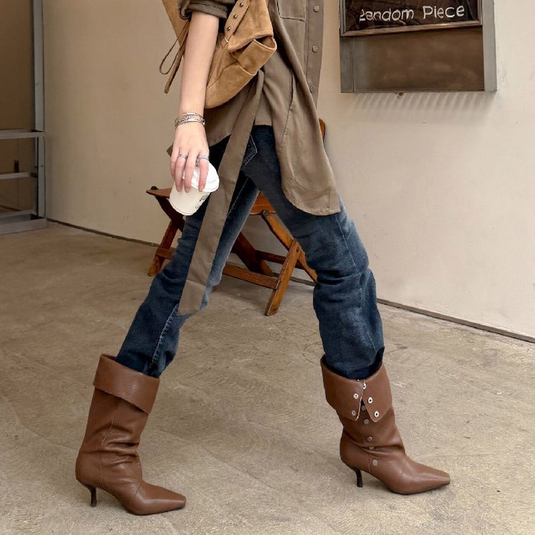 Women's Thin HighHeel Boots, Stylish Foldable TwoWay Wear KneeHigh Knight Boots, Hot Girl Long Shaft Boots