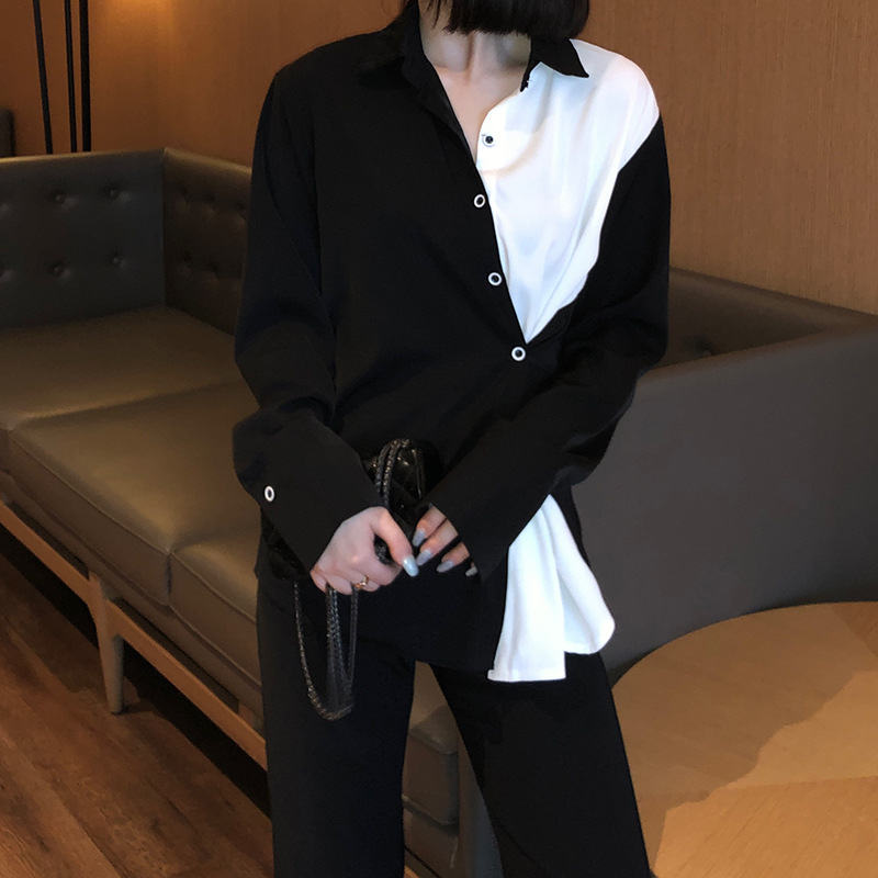 Women's Black And White Stitching Contrast Color Long Sleeved Shirt