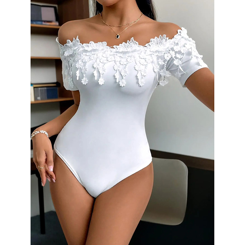 Women's Off Shoulder Short Sleeve Bodysuit Sexy Lace Bodycon Top White - Shop at LoveMi