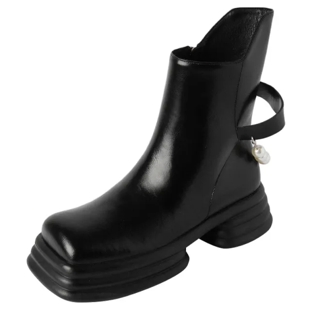 Platform Oblique Mouth Pearl Chain Women's Boots Black - Shop at LoveMi