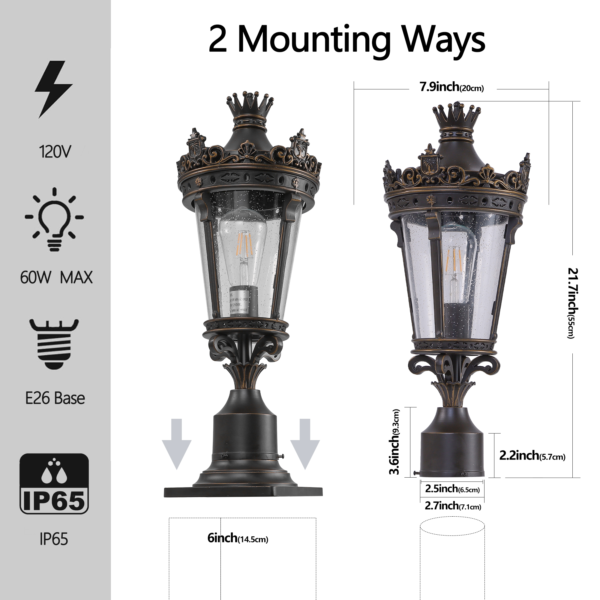 22 H Vintage Crown Outdoor Post Lantern, Waterproof Decorative Table Lamp With Clear Glass Shade And Antique Metal Base For Garden, Patio, Porch, Pathway Lighting One Piece&No Bulb