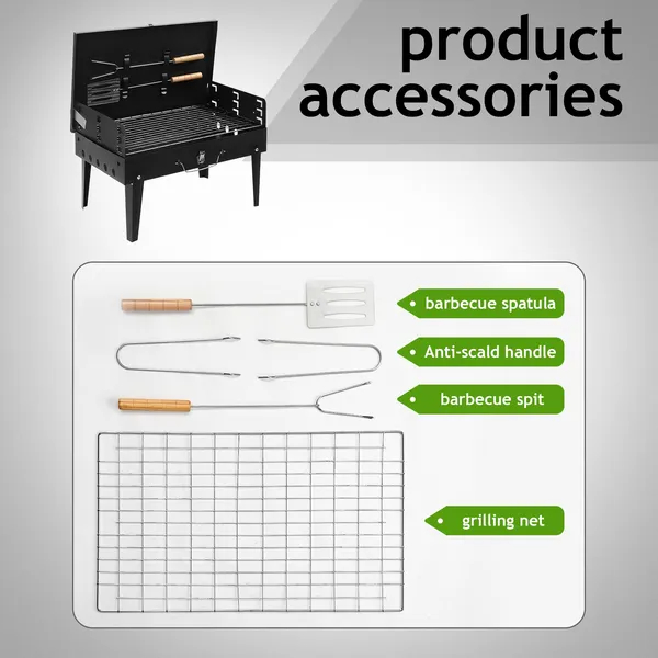 Barbecue Grill Outdoor Portable Charcoal Grill Collapsible Iron Square Charcoal Grill 17.32x10.63x8.66 Inch Black