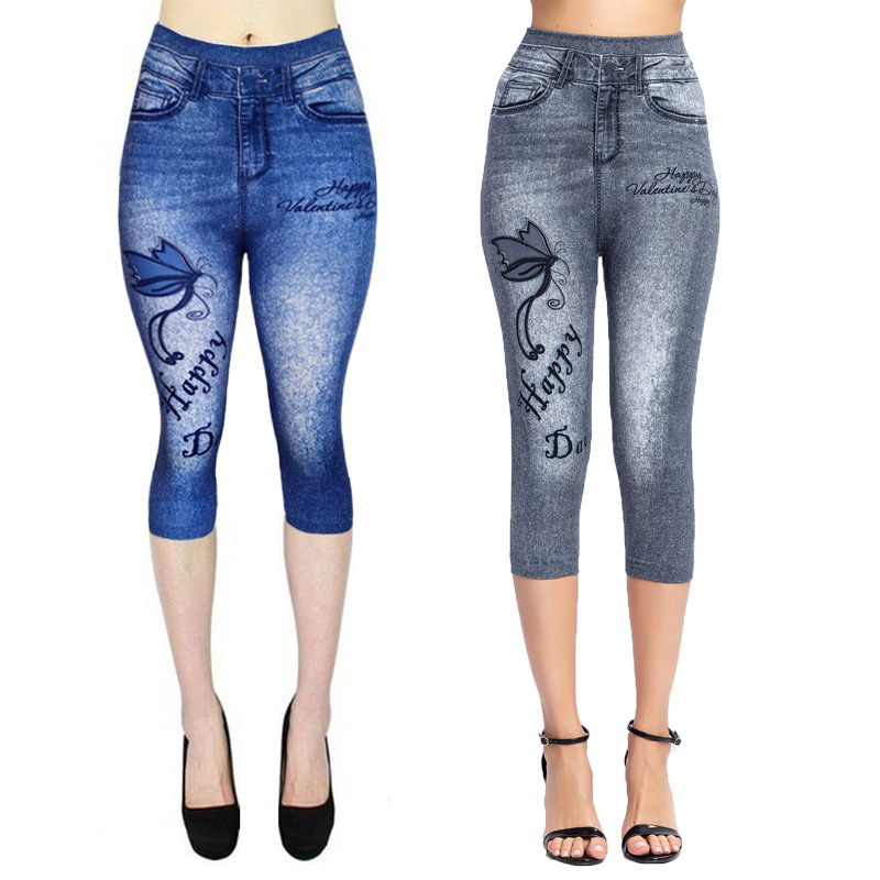 Title 6, Printed Imitation Denim Cropped Trousers, High ...