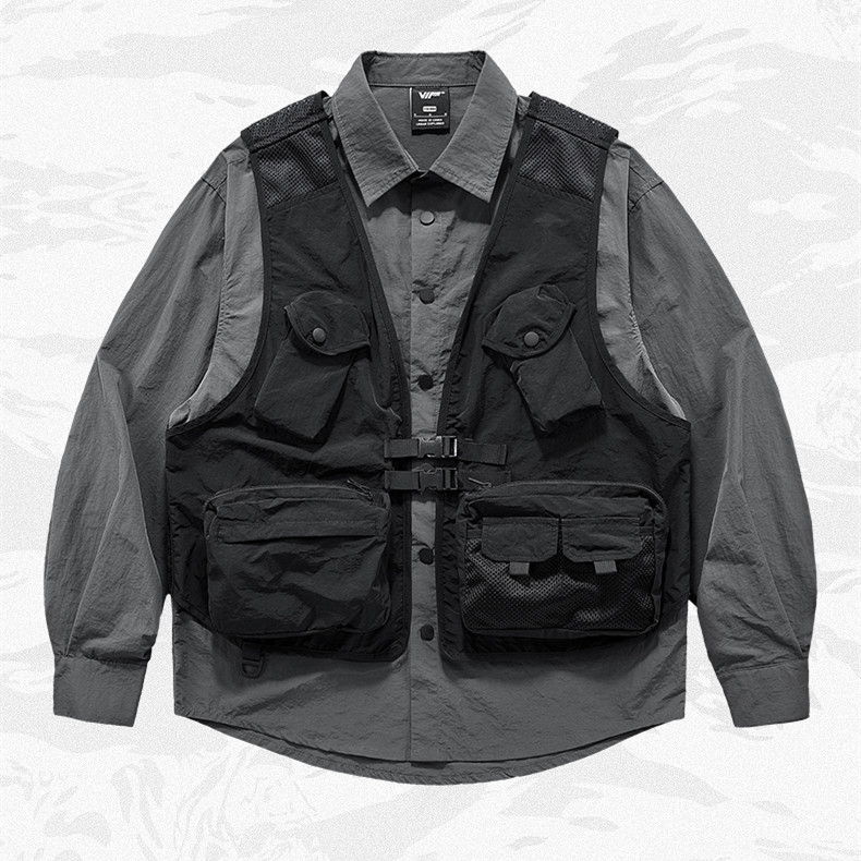 Men's Fashion Function Jacket Multi-pocket Vest Patchwork Shirt