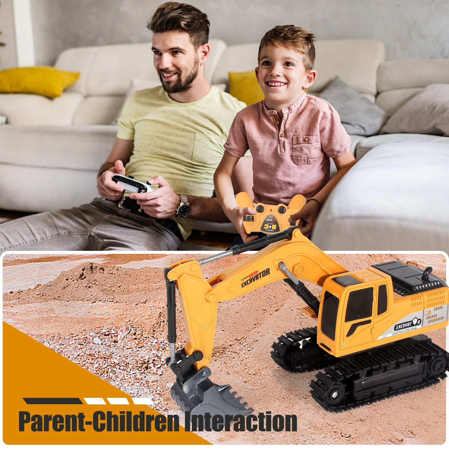 Remote control excavator toy digging and lifting action