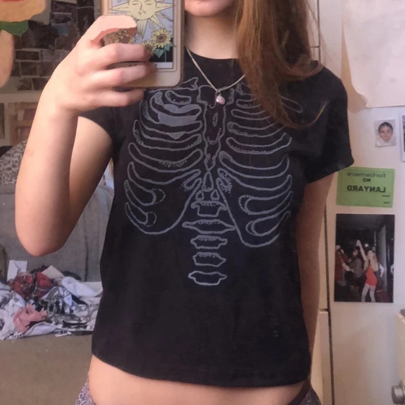 New Women's T-Shirt Top Harajuku Vintage Skull Print