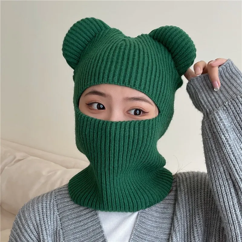 Women's Bear Ears Wool Pullover Hat - Green