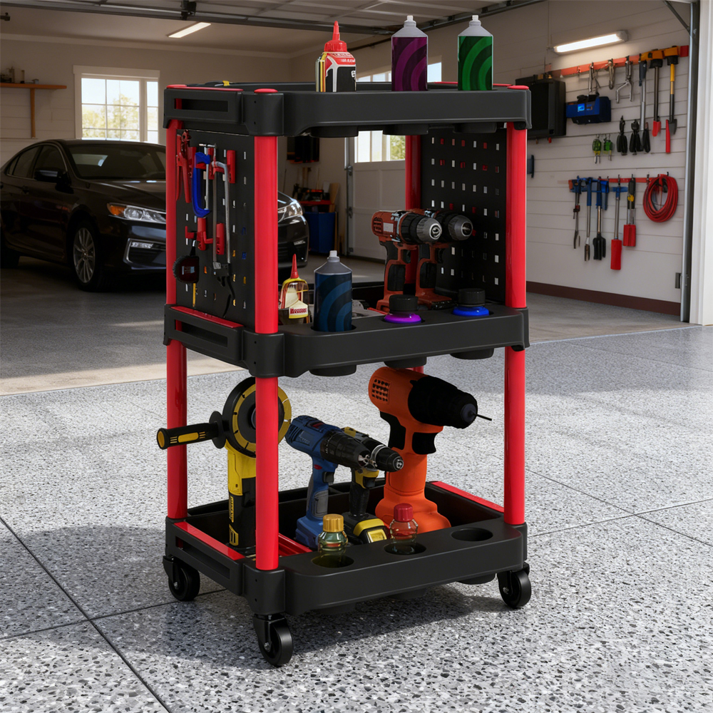 3-Tier Rolling Tool Cart, 200 LBS Capacity Plastic Utility Cart With Side Shelves For Garage, Workshop, Tikt0k Sale Prohibited