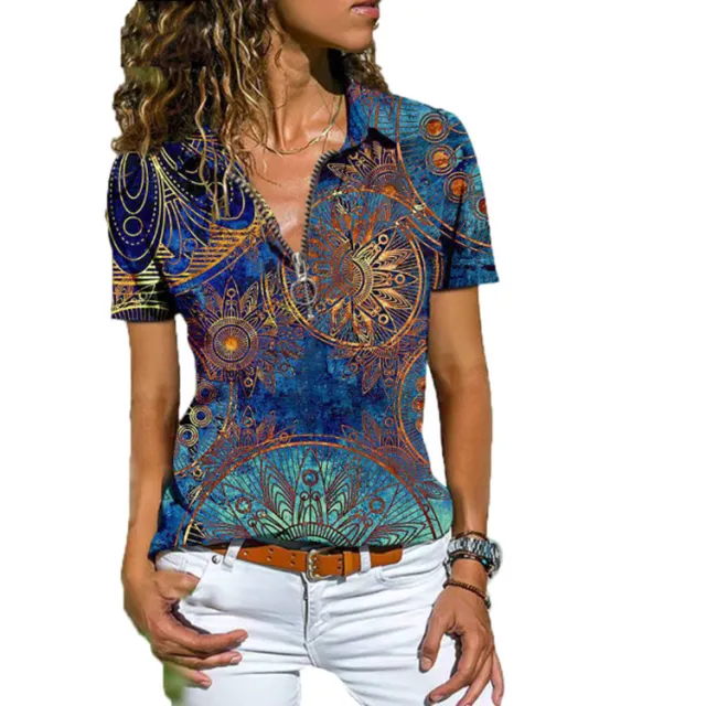 New Women's Boho Zip Short Sleeve T Shirt Picture4 L - Shop at LoveMi