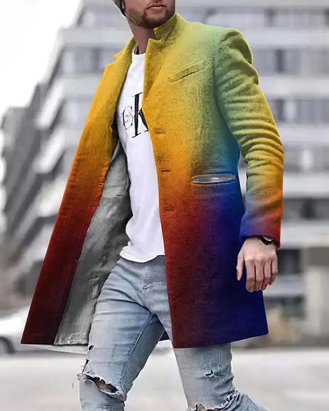 Autumn And Winter New Men's Woolen Stand Collar Medium Long Pocket Casual Coat