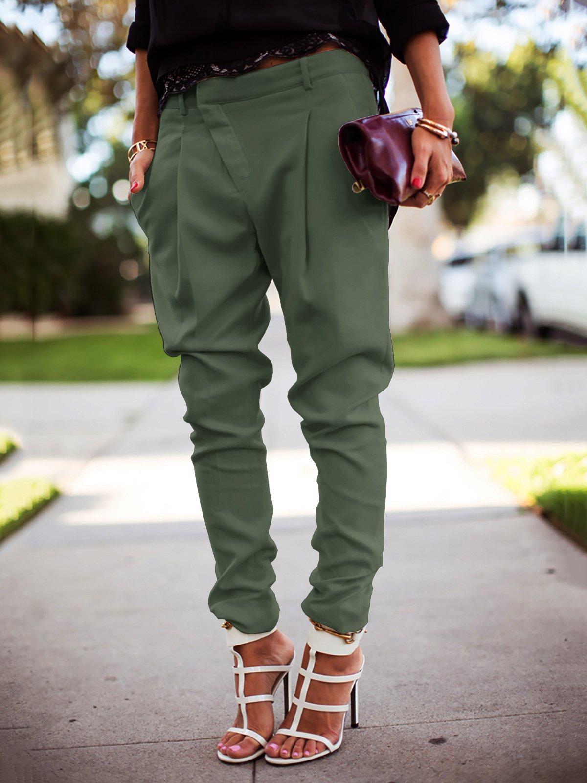 Solid color pocket high waist harem pants