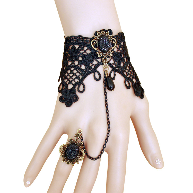 Retro Women's Black Lace Bracelet With Ring One Chain