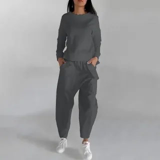 Solid Color Fashion Sweatshirt Long Sleeve Back Slit Top With Pockets Loose Trousers Women's Clothing - Grey