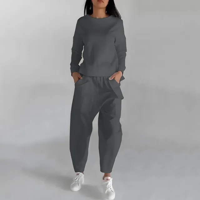 Solid Color Fashion Sweatshirt Long Sleeve Back Slit Top With Pockets Loose Trousers Women's Clothing Grey - Shop at LoveMi