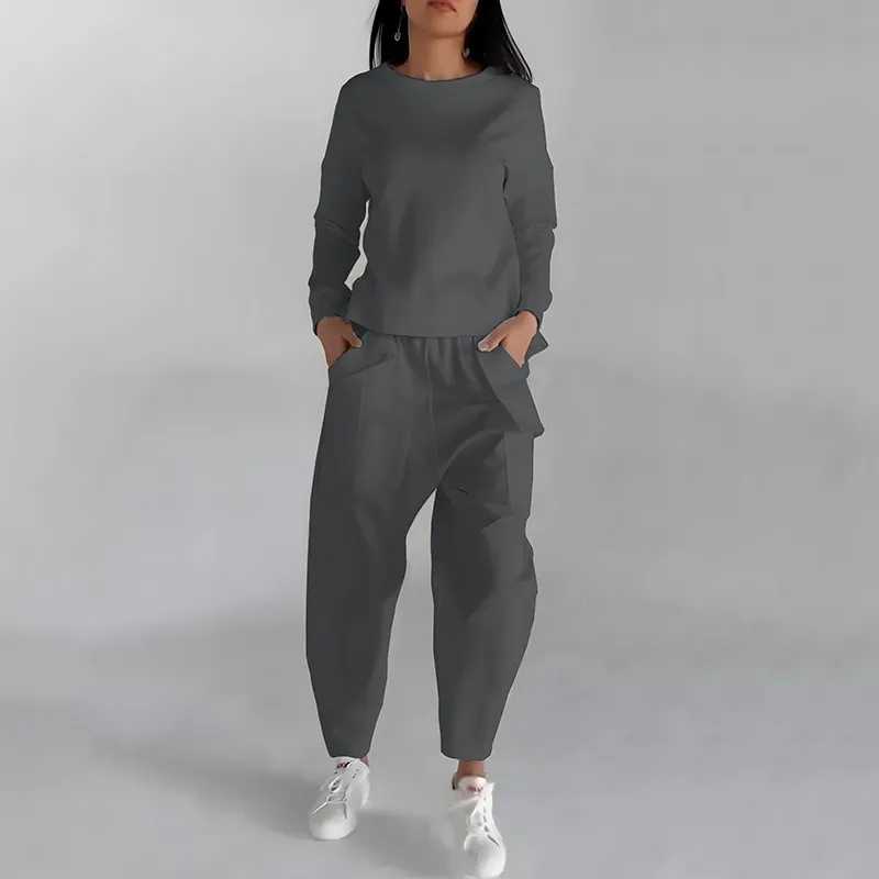 Solid Color Fashion Sweatshirt Long Sleeve Back Slit Top With Pockets Loose Trousers Women's Clothing - Grey