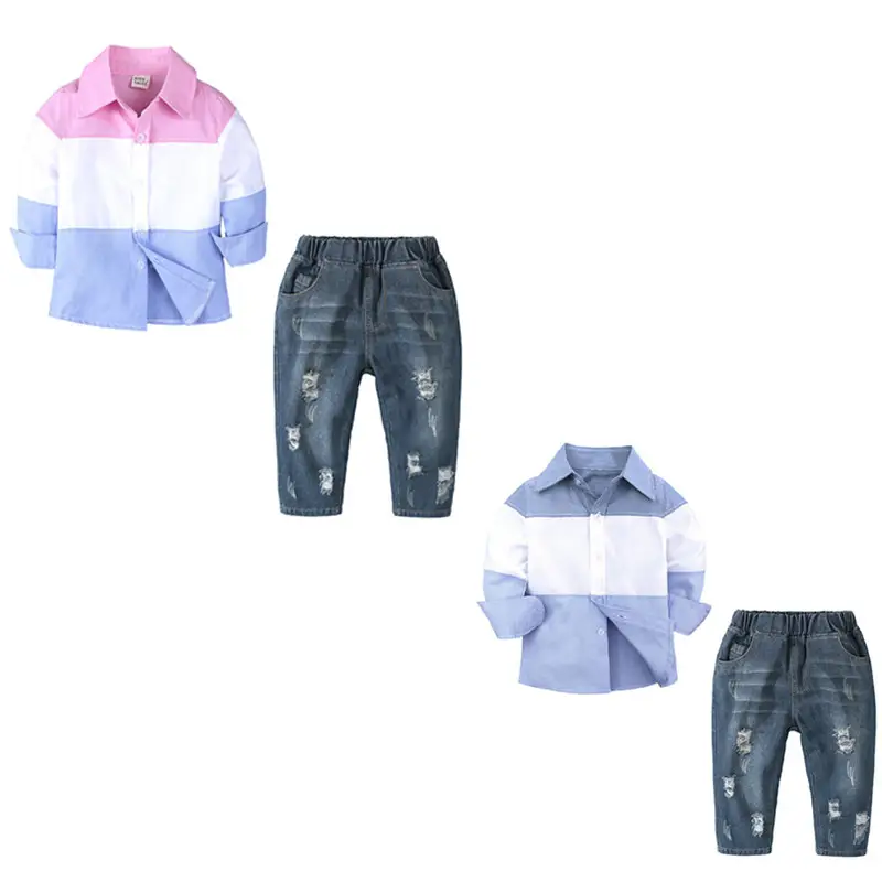 Long-sleeved Shirt Spring And Autumn Bottoming Shirt Ripped Jeans Suit Boy Two-piece Suit