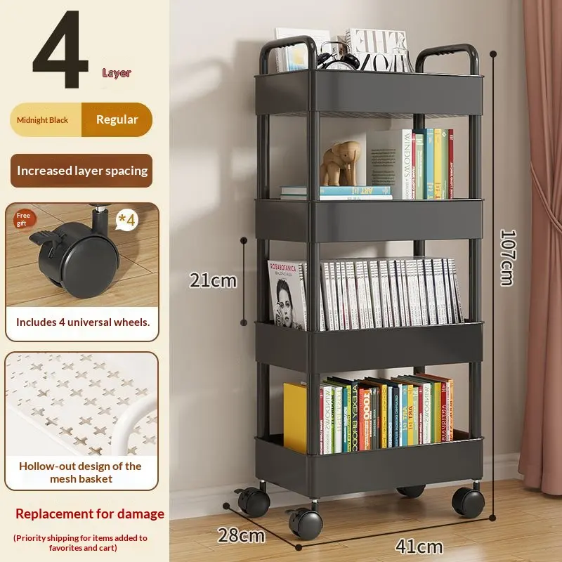 26cm Black-4 Layers-wheels-4 Hooks-stickersSmall Cart Storage Rack