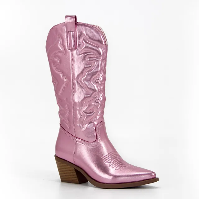 Women's Vintage Big Waist Chunky Heel High Cowboy Boots Pink - Shop at LoveMi