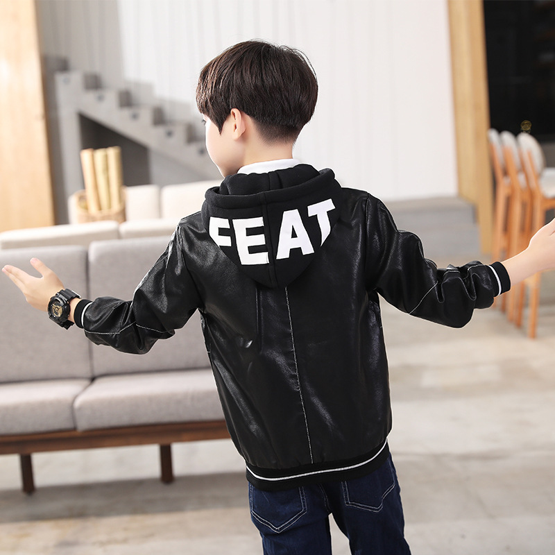 Boys' Casual Hooded Lettered Leather Coat
