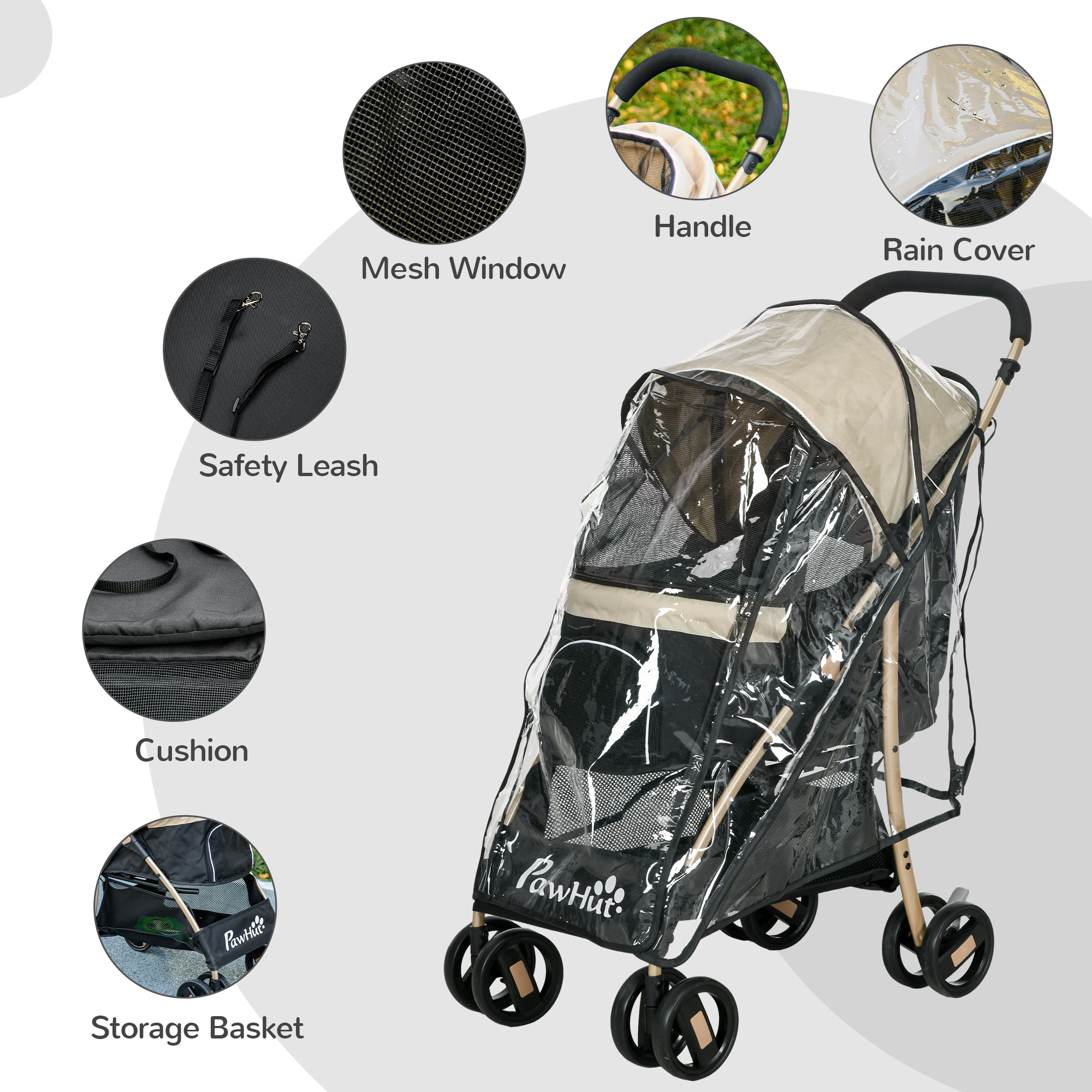 Small And Mini Dog Pet Strollers With Rain Cover - Khaki Color — image 3