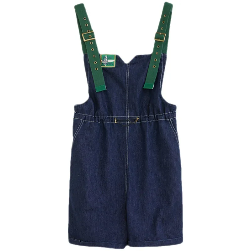 Women's Summer Contrast Color Shoulder Strap Corset Suspender Jeans - Blue