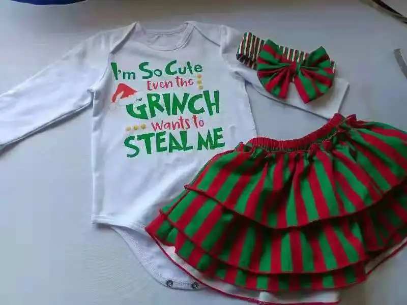 White With Printed Pattern Romper Red And Green Stripe Skirt Suit