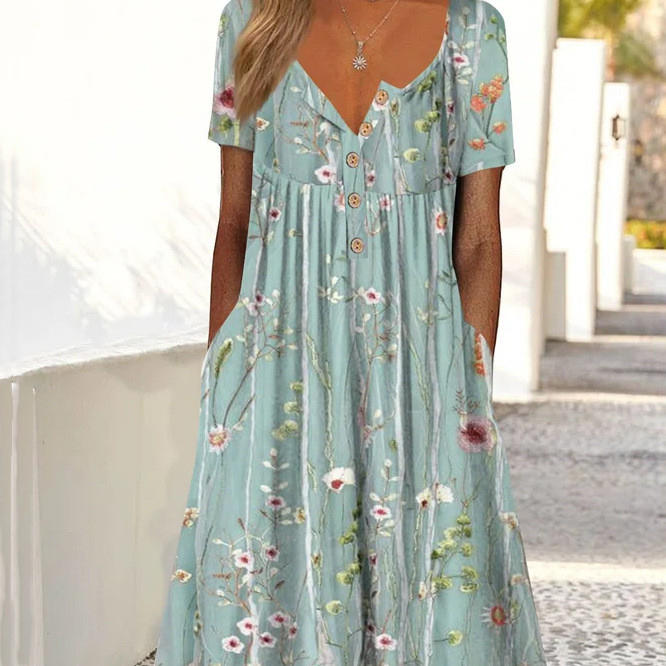Printed Short Sleeve A Line Dress