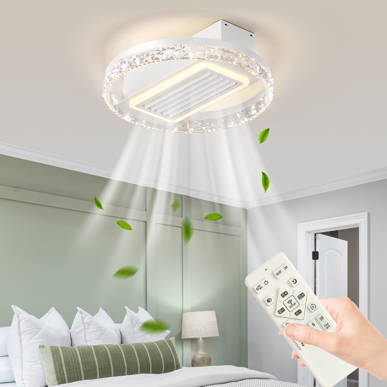 20 LED Bladeless Ceiling Fan Light With Remote Control Modern Flush Mount Ceiling Lamp With Air Circulation And Adjustable Brightness For Living Room, Dining Room, Or Bedroom
