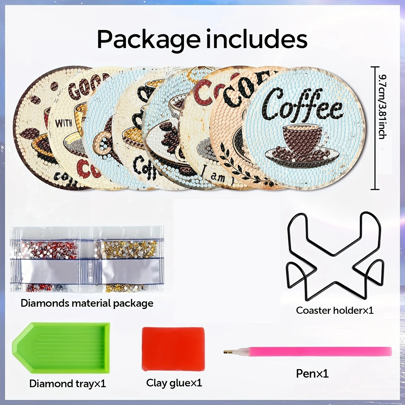 Diamond Art Drawing Coaster With Bracket, DIY Coffee Pattern Diamond Art Coaster, Suitable For Adults And Beginners Diamond Drawing Kit, Diamond Kit Craft Supplies, Exquisite Gifts For Friend