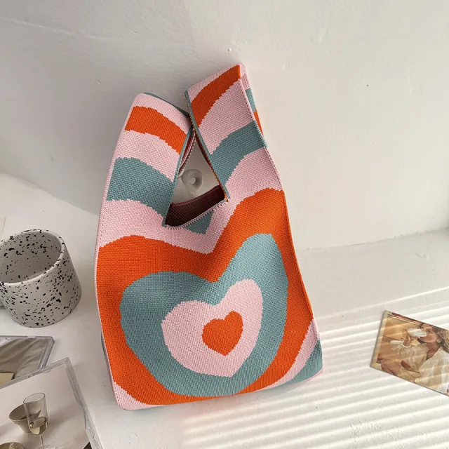 Niche Design Girl Love Colorblock Knitted Handbag Orange - Shop at LoveMi