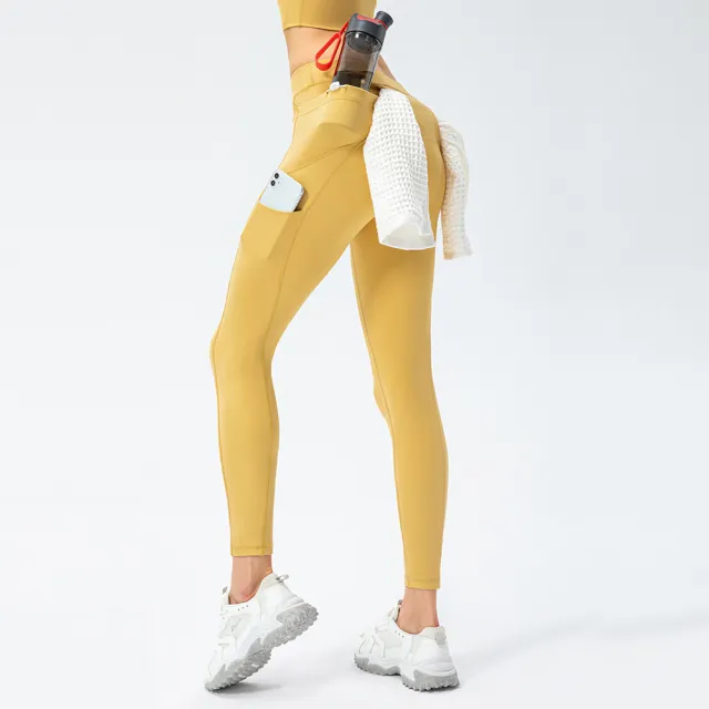 Women's Nude Yoga Towel Button High Waist Running Pants Yellow - Shop at LoveMi