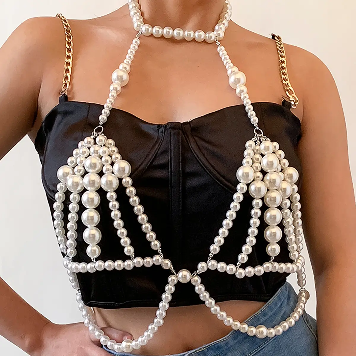 Imitation Pearl Bra And Chain