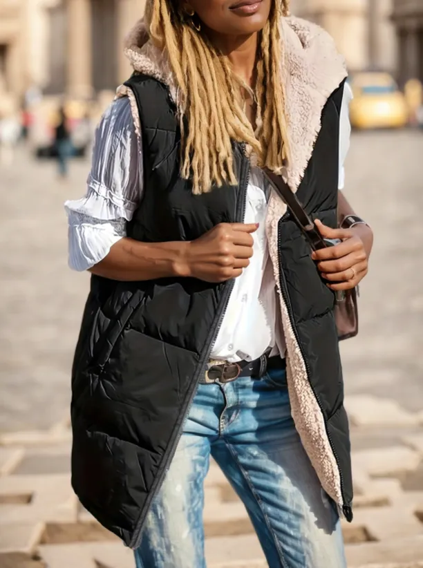 Elegant Reversible Faux Fur Trimmed Sleeveless Hooded Vest Black - Shop at LoveMi