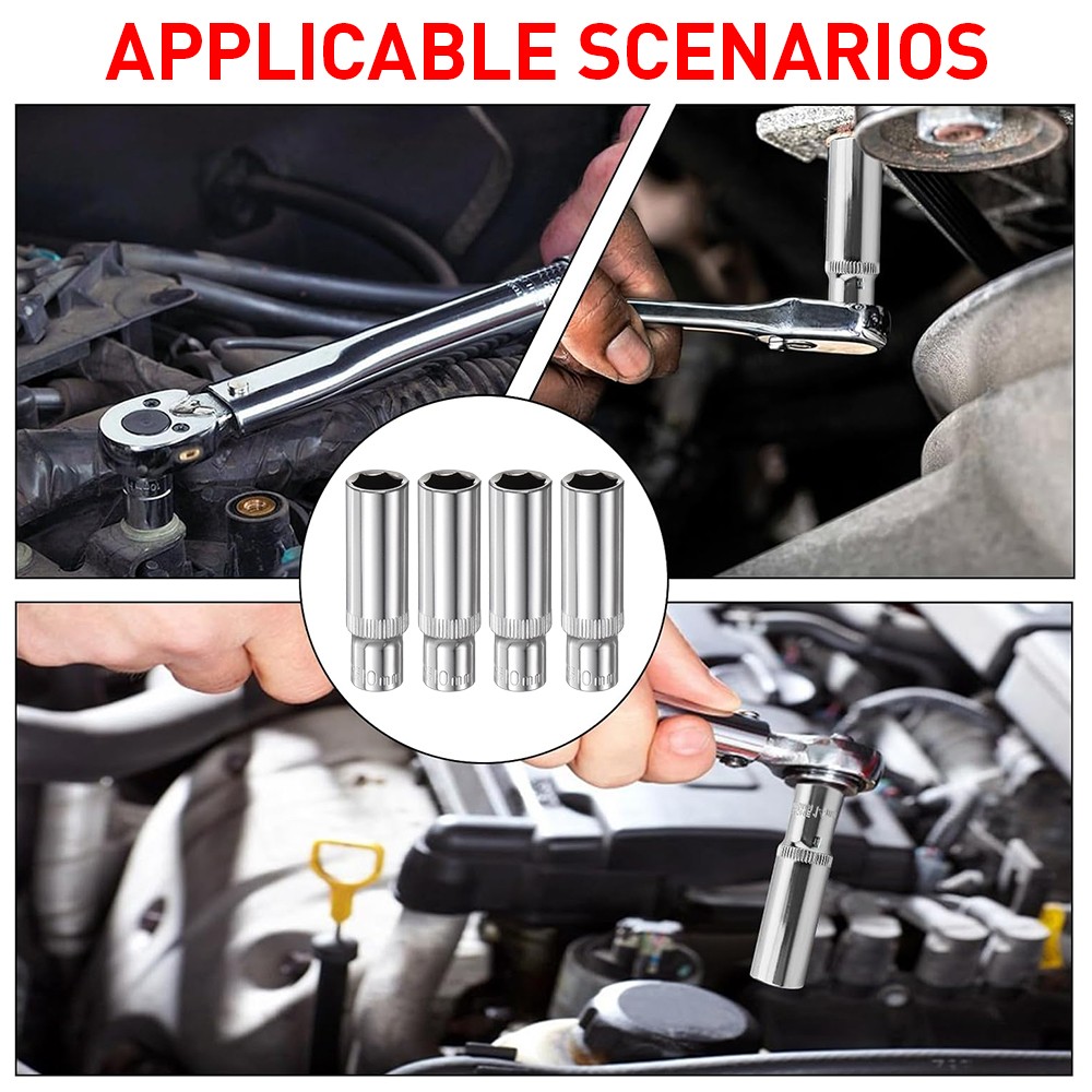 4Pc DEEP SOCKET SET CHROME PLATED METRIC 10mm GARAGE RACK HOLDER — image 3