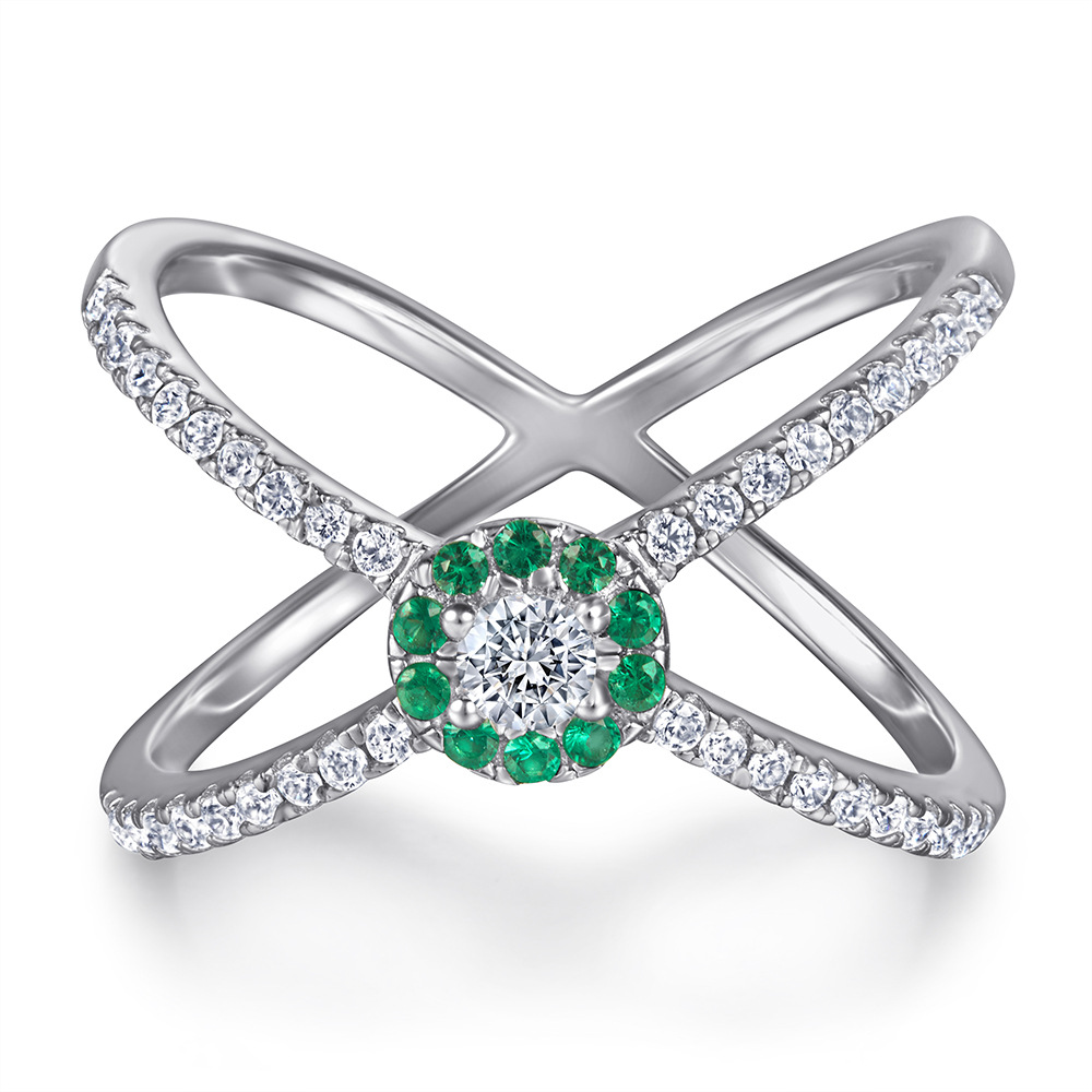 New Women's Green Zircon French Circle Cross Exaggerated Ring