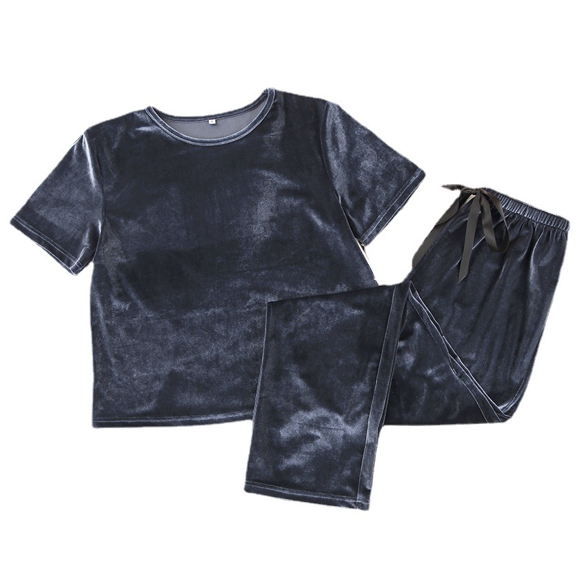 Title 3, Blue Gold Velvet Short-sleeved Pajamas Suit Wom...