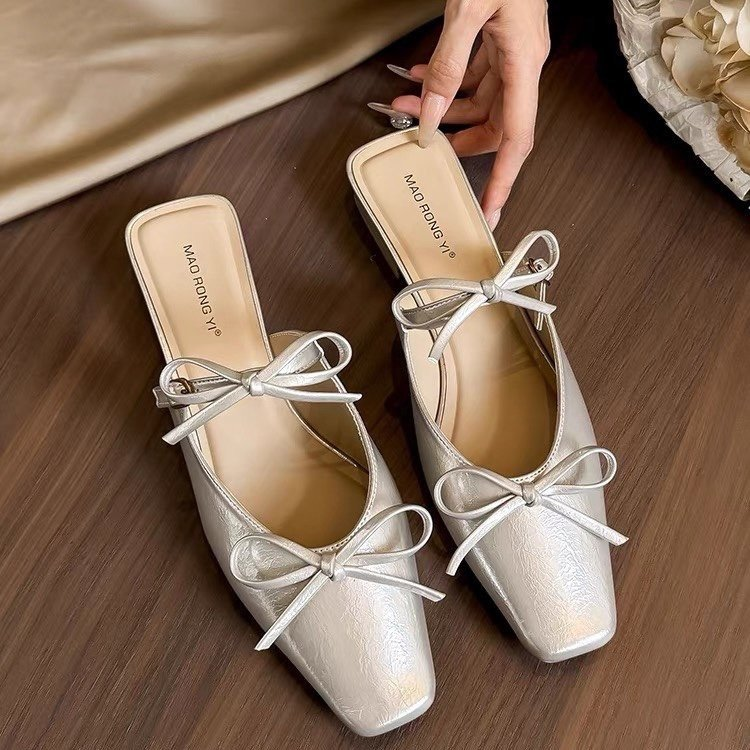 2026 New Women's Bowknot Closed Toe Mule Slippers Elegant Chunky Heel One-Step Slip On Sandals