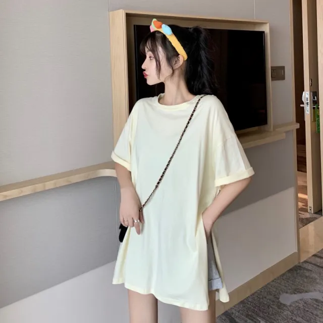 Summer New Solid Color Short sleeved T shirt Women's Mid length Net Red Slit Cotton Top Beige - Shop at LoveMi