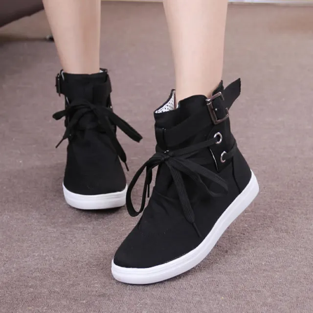 High Top Shoes, Soft Soled Shoes, Round Toe Lace Up Student Flat Bottomed Casual Women'S Short Boots Black - Shop at LoveMi