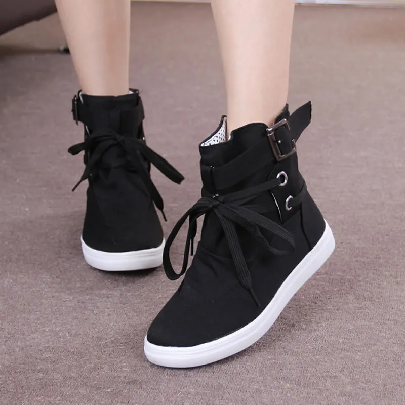 High-Top Shoes, Soft-Soled Shoes, Round Toe Lace-Up Student Flat-Bottomed Casual Women'S Short Boots - Black