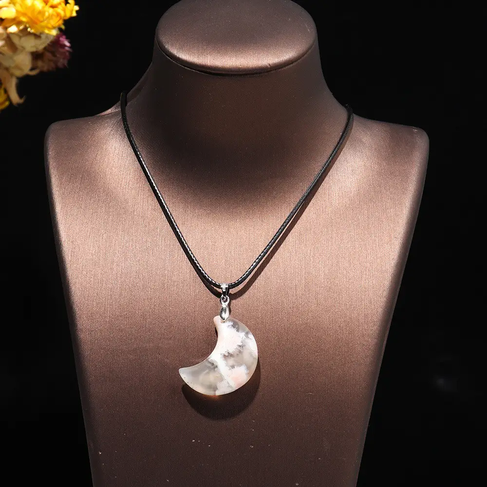 Crystal Cherry Blossom Agate Moon Leather Rope Pendant