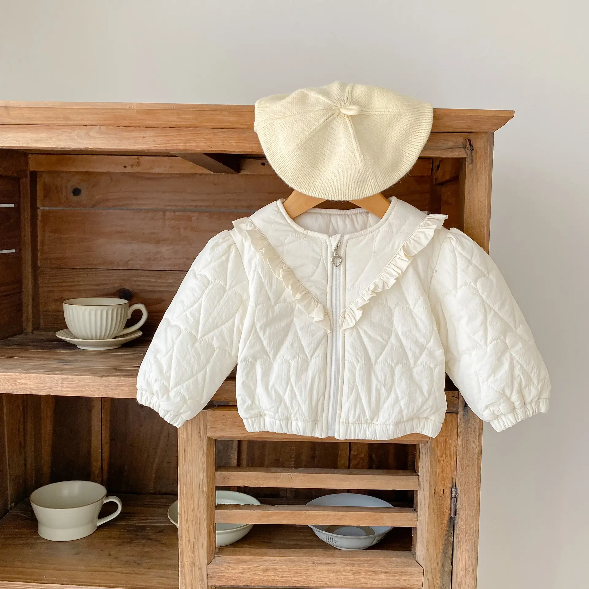 Baby Girls' Cotton-padded Jacket Thickened Heart-shaped Bubble Long Sleeve Cardigan Plaid Coat